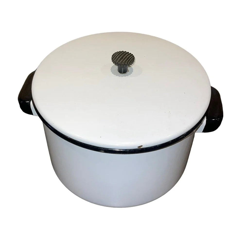 Vintage Rustic Medium Enamelware Black and White Crock Pot w Lid Decoration Only
